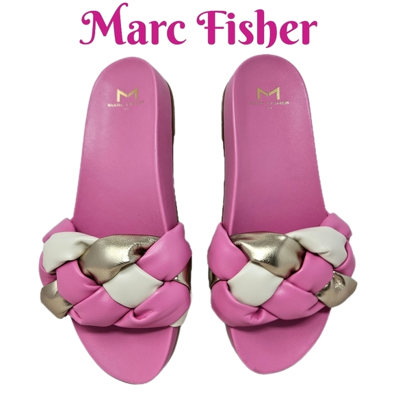 Marc Fisher Womens Sandels Sz 7M Pink Faux Leather Weaved gold & Ivory Slip Ons - Picture 1 of 10